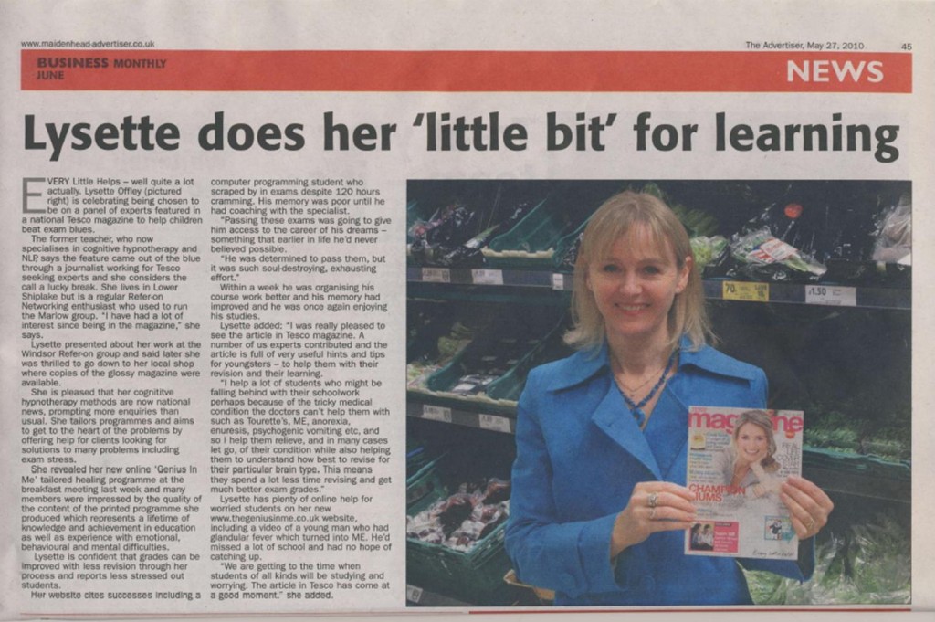 Lysette Offley & Genius Material in the Maidenhead Advertiser May 2010